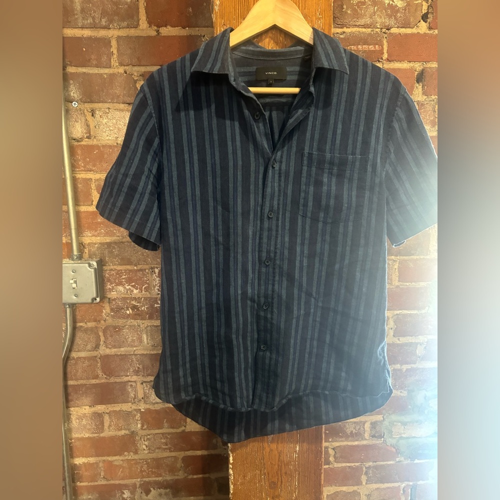 Vince Linen Blend Striped Short Sleeve Men's Button Down Shirt size small
